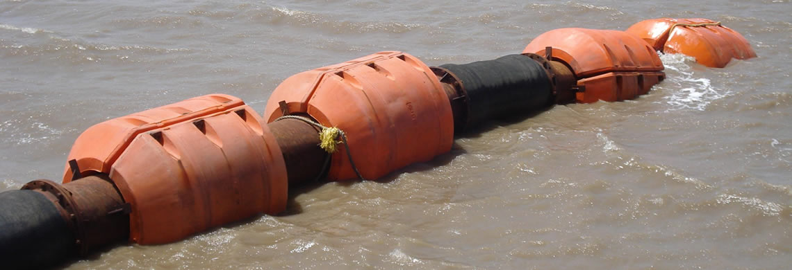 Several orange hose floats are fixed on hoses to handle water.